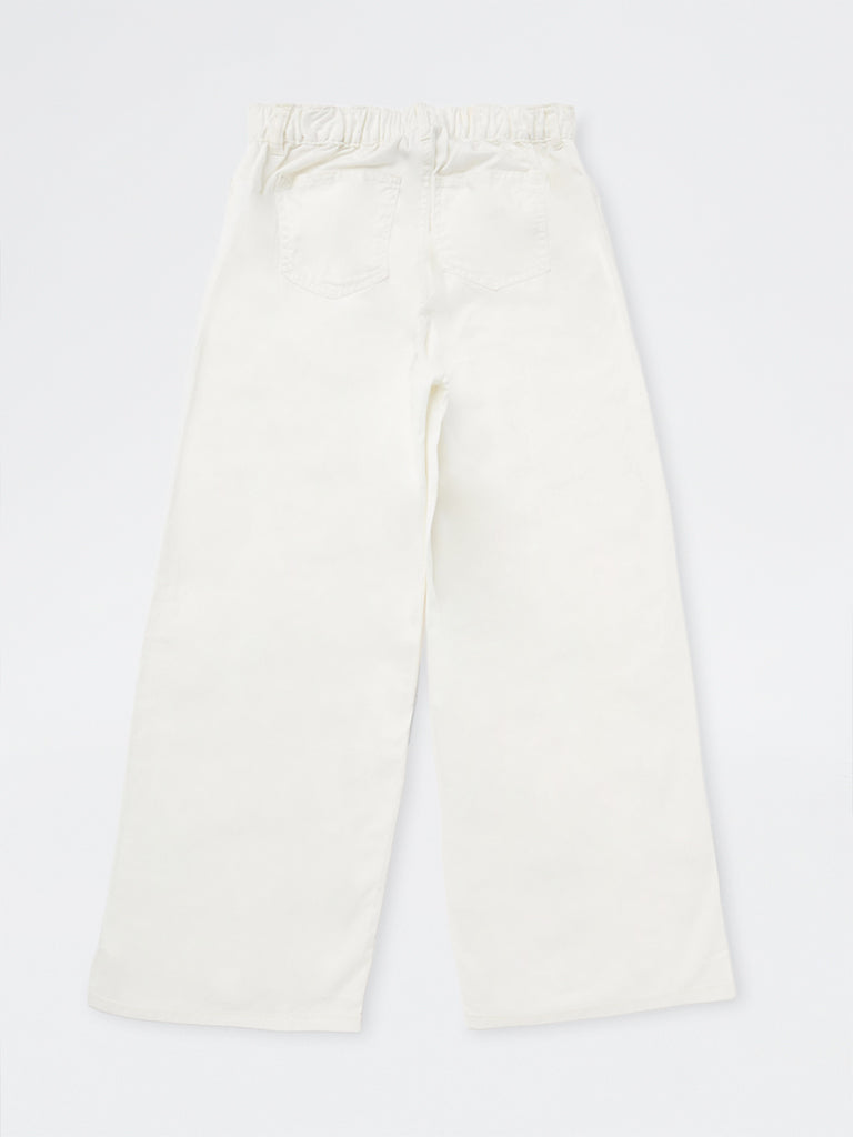 Girls White Solid High-Rise Relaxed-Fit Trousers