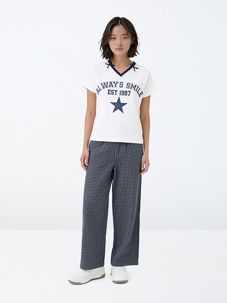 Girls Navy Checkered High-Rise Cotton Pyjamas