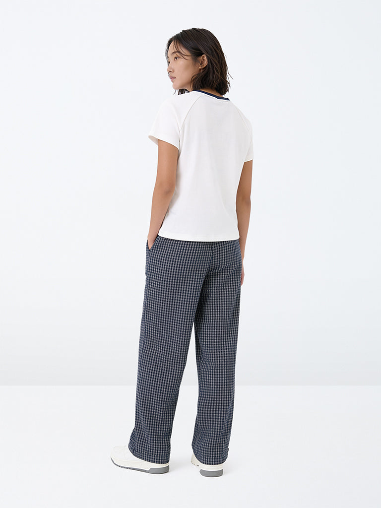 Girls Navy Checkered High-Rise Cotton Pyjamas
