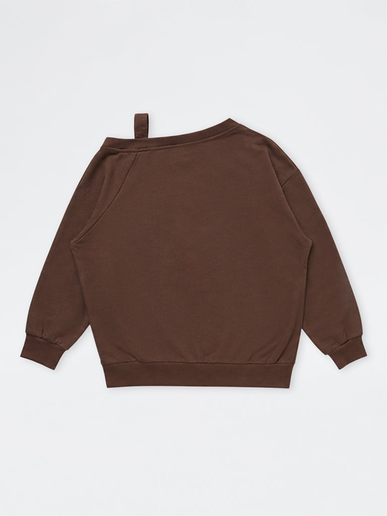 Girls Brown Buckle-Detail Off-Shoulder Cotton Sweatshirt