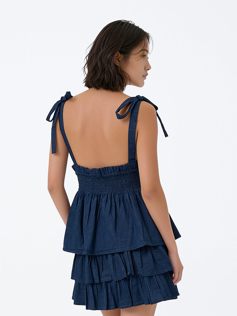 Girls Dark Blue Smocked Peplum Denim Top