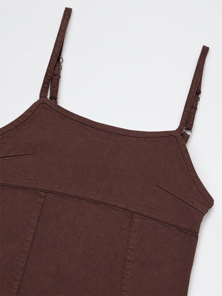 Girls Brown Box-Pleated Cotton A-Line Dress with Belt