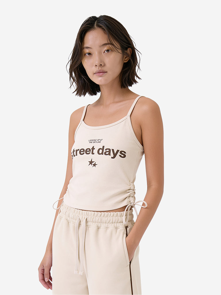Girls Off-White Text Printed Rached Cotton-Blend Top