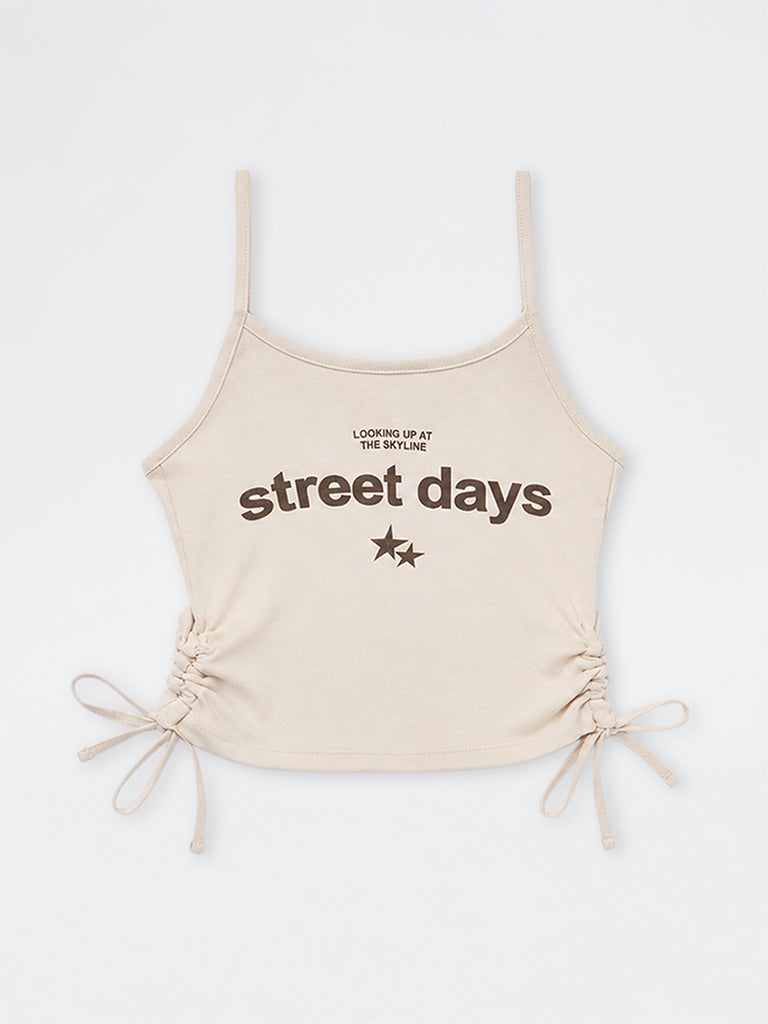 Girls Off-White Text Printed Rached Cotton-Blend Top