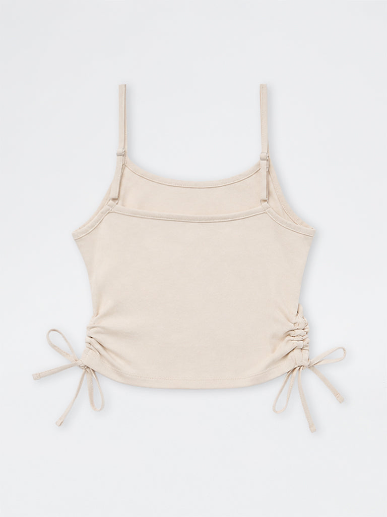 Girls Off-White Text Printed Rached Cotton-Blend Top