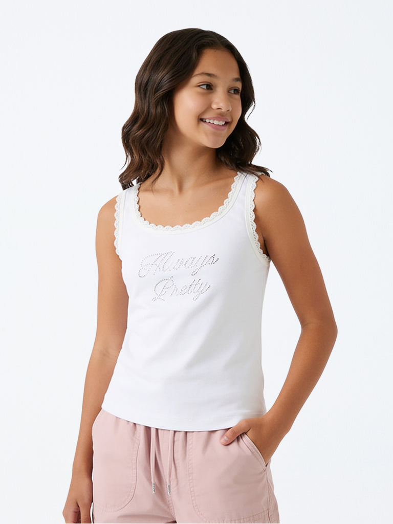 Girls White Text Embellished Lace Design Cotton-Blend Top