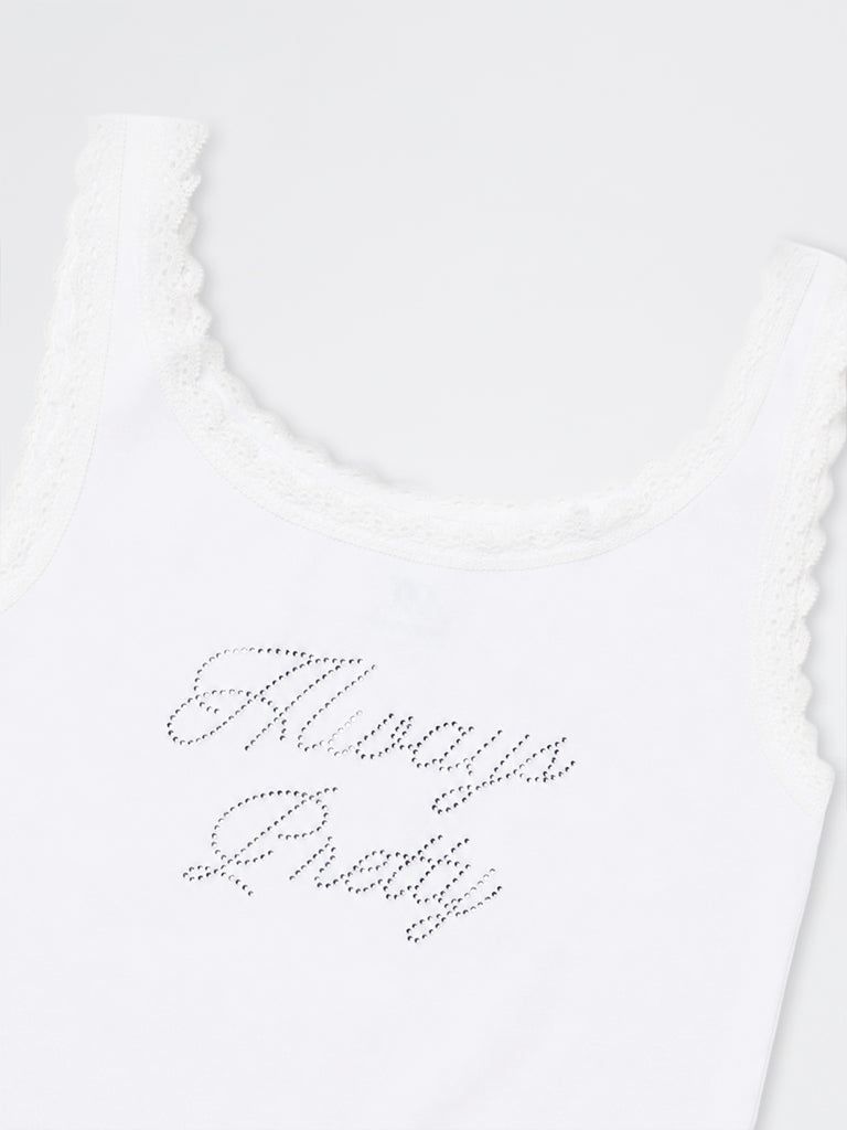 Girls White Text Embellished Lace Design Cotton-Blend Top