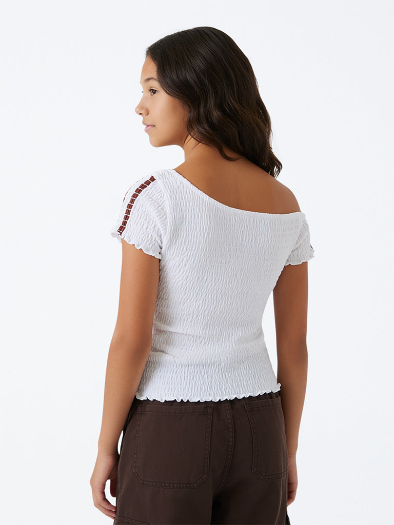 Girls White Smocked One-Shoulder Cotton Top