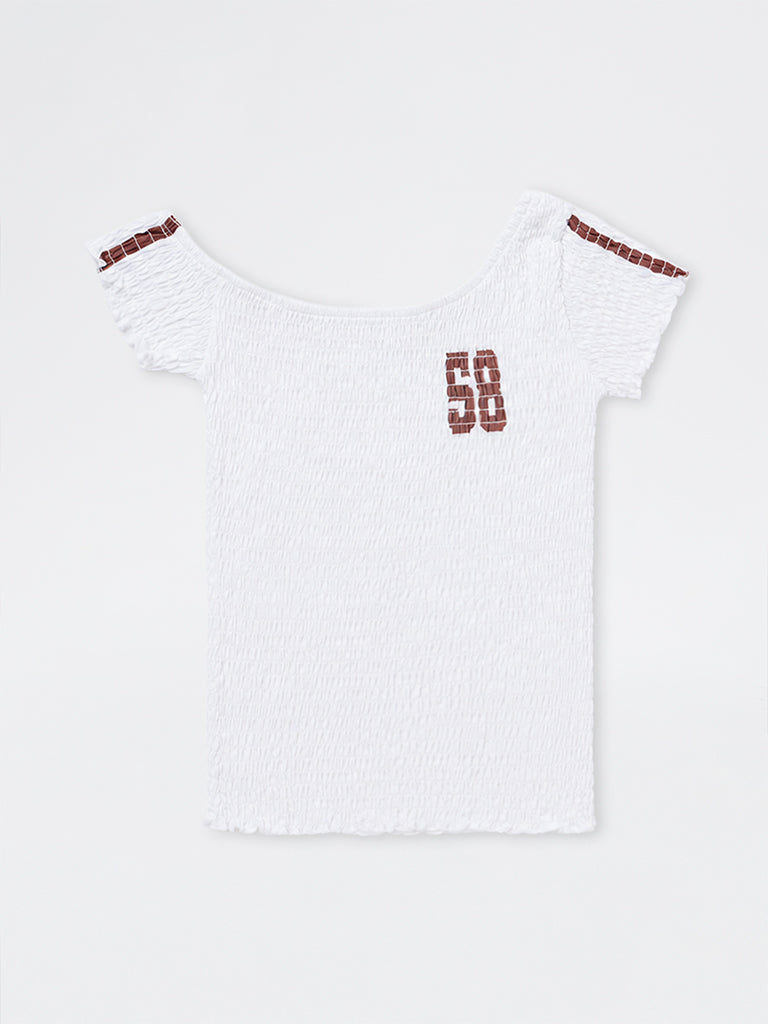 Girls White Smocked One-Shoulder Cotton Top