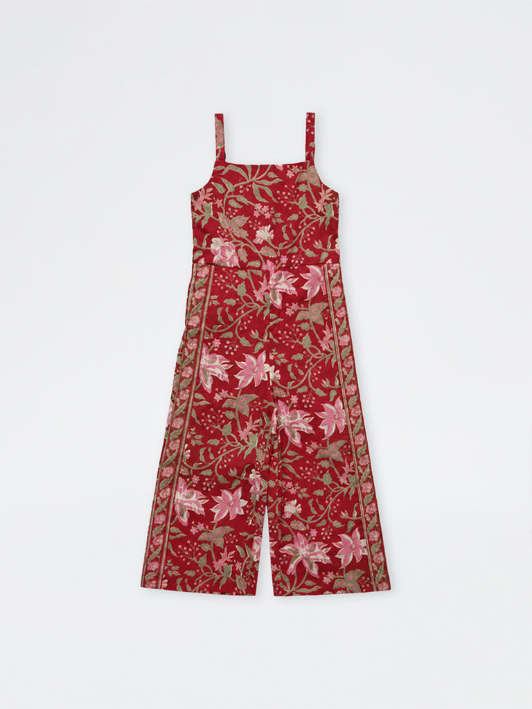 Utsa Kids Girls Red Floral Printed Cotton Jumpsuit - (2-8 yrs)