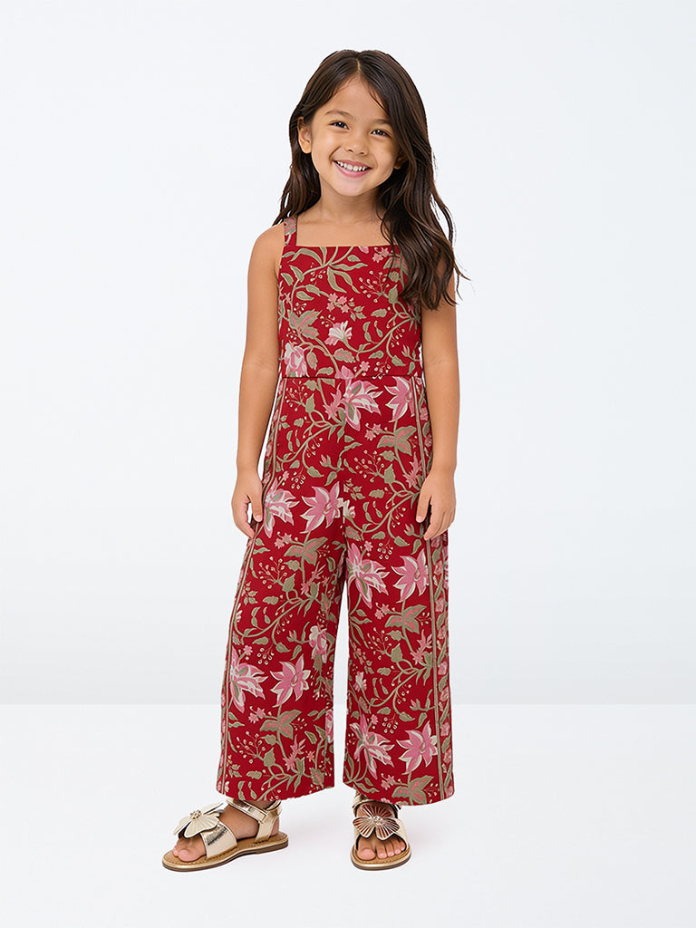 Utsa Kids Girls Red Floral Printed Cotton Jumpsuit - (2-8 yrs)