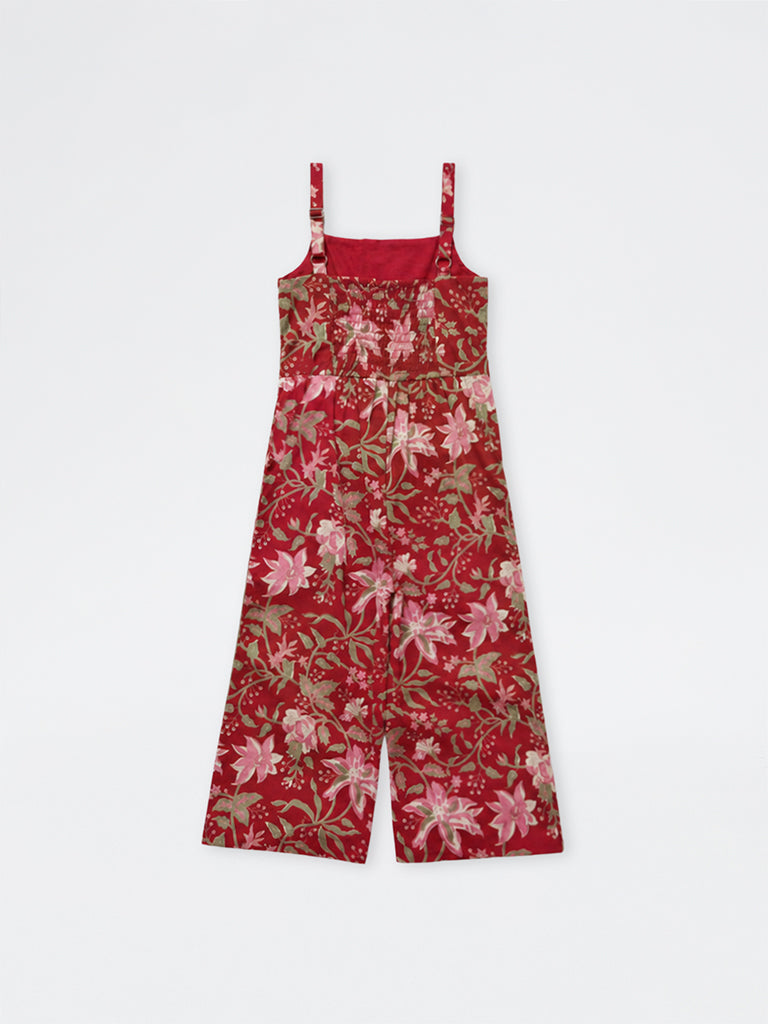Utsa Kids Girls Red Floral Printed Cotton Jumpsuit - (2-8 yrs)