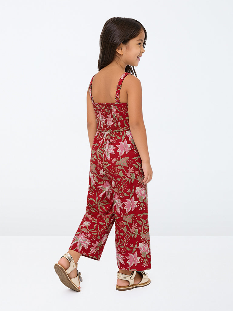 Utsa Kids Girls Red Floral Printed Cotton Jumpsuit - (2-8 yrs)