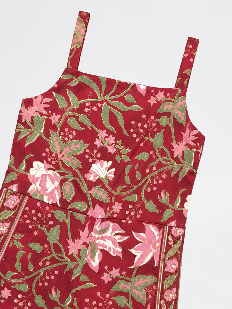 Utsa Kids Girls Red Floral Printed Cotton Jumpsuit - (2-8 yrs)