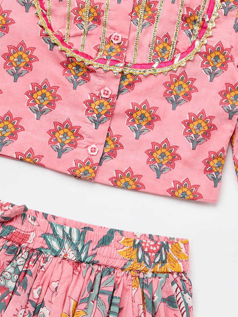 Utsa Kids Girls Pink Floral Printed Cotton Top and Skirt Set - (2-8 yrs)