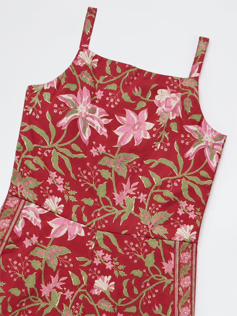 Utsa Kids Girls Red Floral Printed Cotton Jumpsuit - (8-14 yrs)