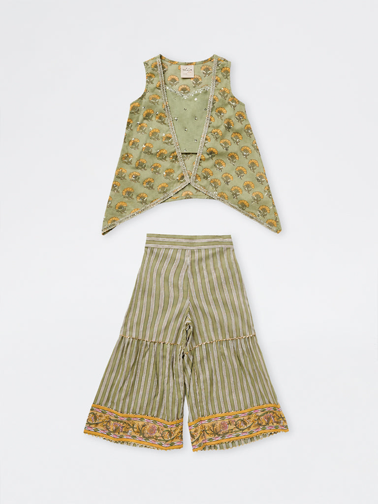 Utsa Kids Girls Sage Green Floral Printed Cotton Top, Sharara and Shrug Set - (8-14 yrs)