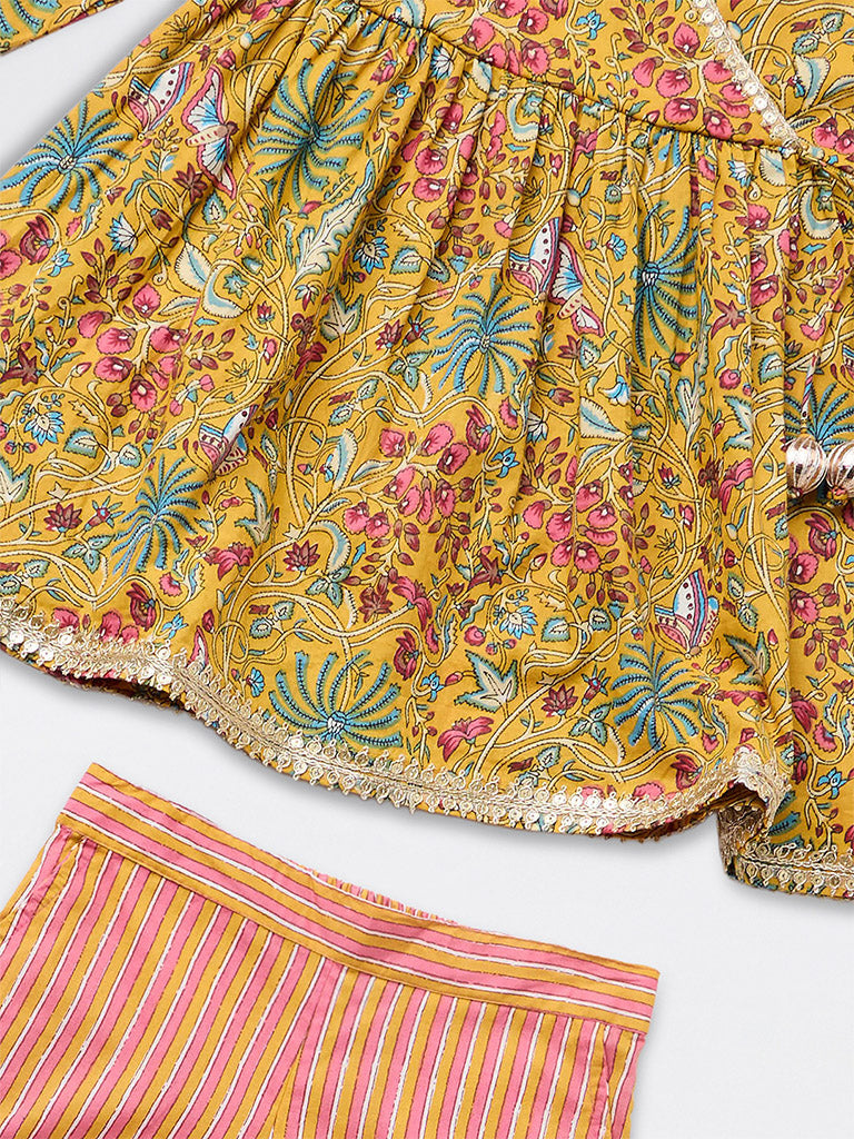 Utsa Kids Girls Yellow Printed Cotton Top and Pants Set - (8-14 yrs)