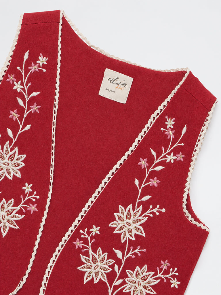 Utsa Kids Girls Red Floral Embroidered Cotton Jacket - (8-14 yrs)
