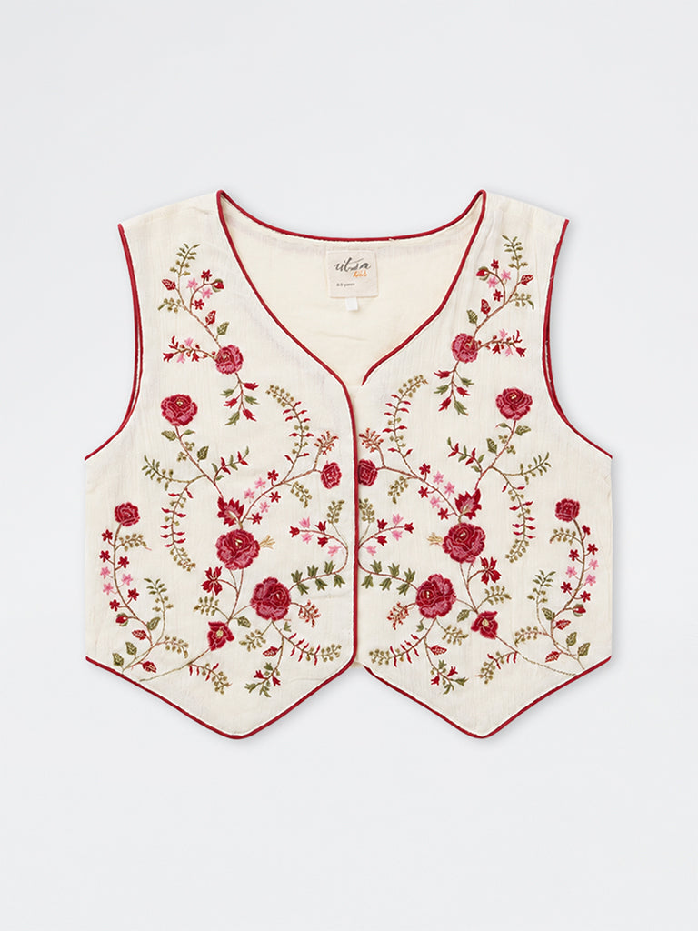Utsa Kids Girls Ivory Floral Embroidered Waistcoat - (8-14 yrs)