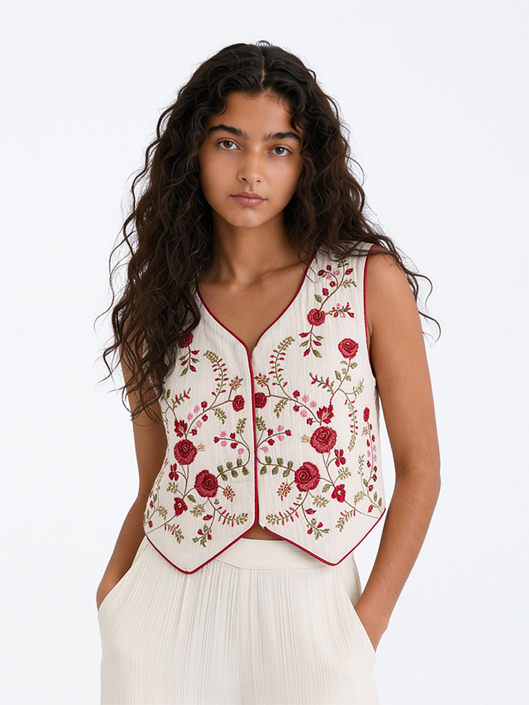 Utsa Kids Girls Ivory Floral Embroidered Waistcoat - (8-14 yrs)