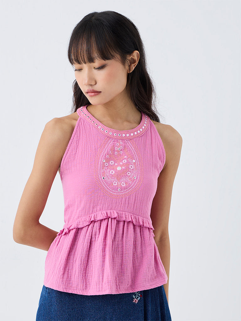 Bombay Paisley Pink Embroidered Halter-Neck Cotton Top