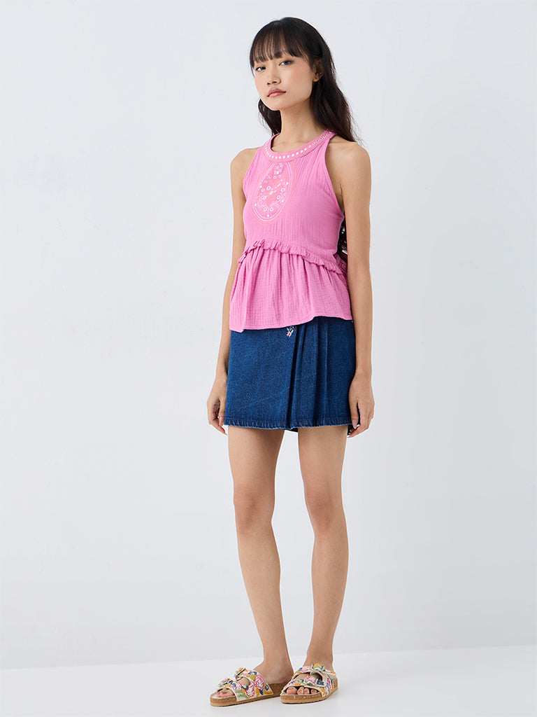 Bombay Paisley Pink Embroidered Halter-Neck Cotton Top