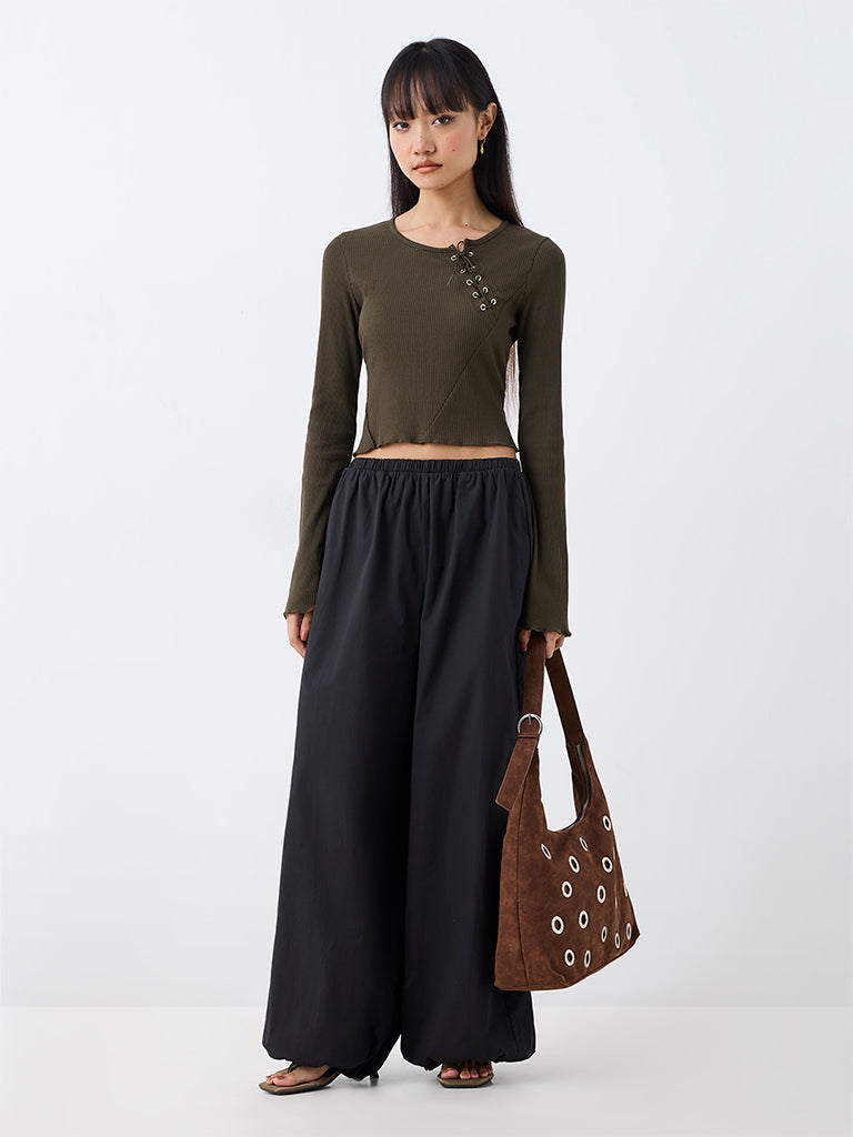 Nuon Dark Olive Tie-Up Detail Ribbed Top