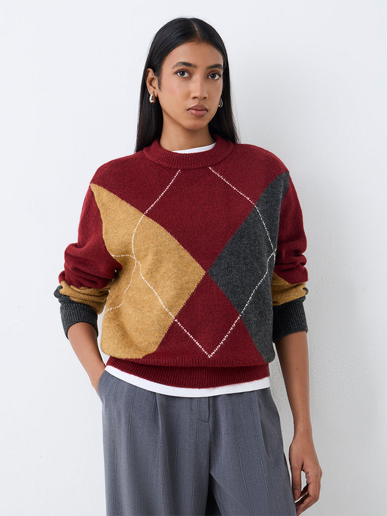 Wardrobe Burgundy Argyle-Printed Sweater