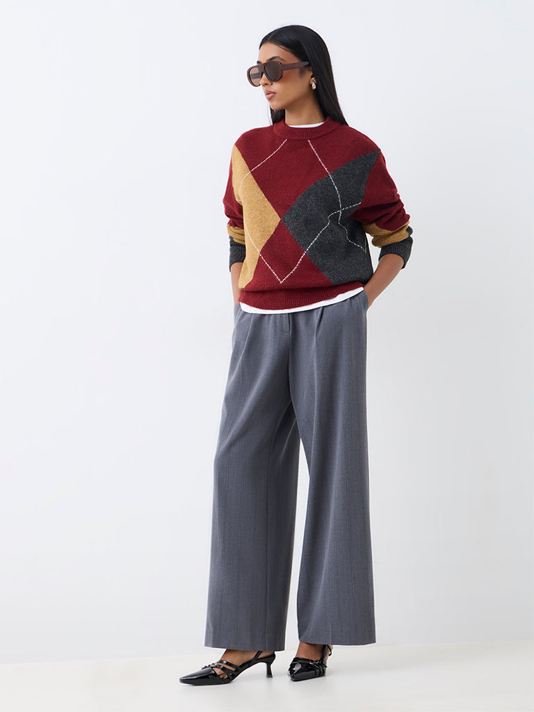 Wardrobe Burgundy Argyle-Printed Sweater