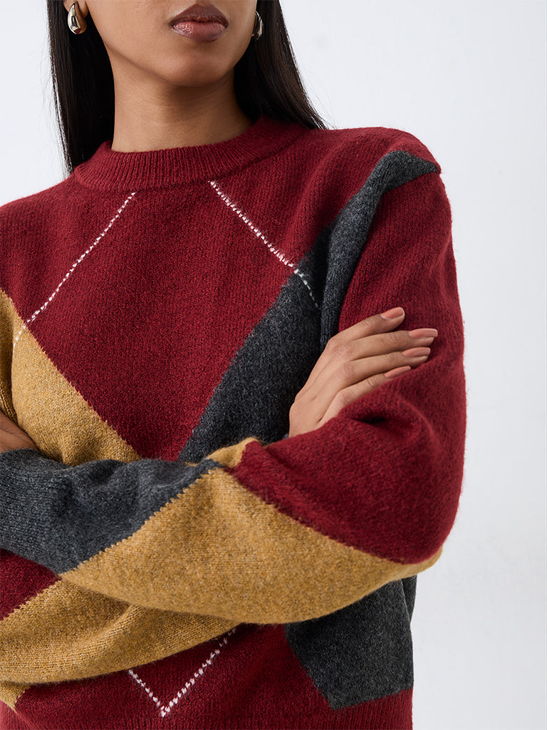 Wardrobe Burgundy Argyle-Printed Sweater