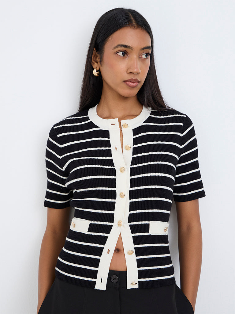Wardrobe Black Striped Ribbed-Knit Cardigan