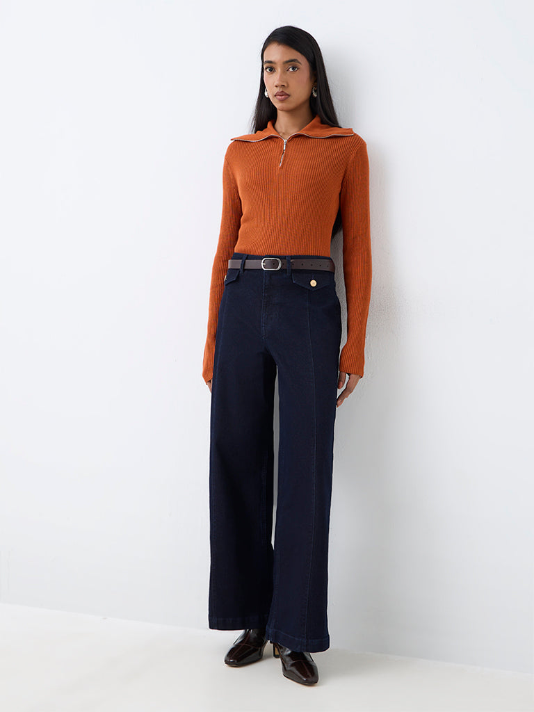 Wardrobe Rust Ribbed Quarter-Zip Sweater
