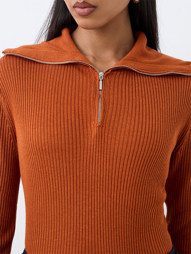 Wardrobe Rust Ribbed Quarter-Zip Sweater