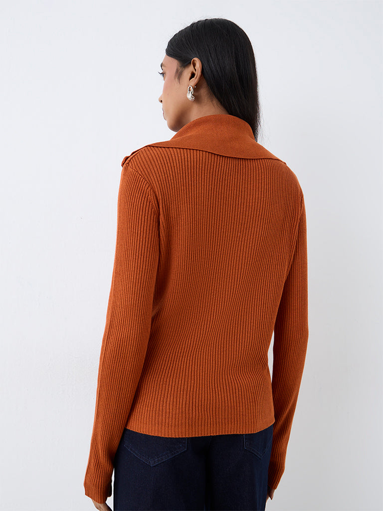 Wardrobe Rust Ribbed Quarter-Zip Sweater