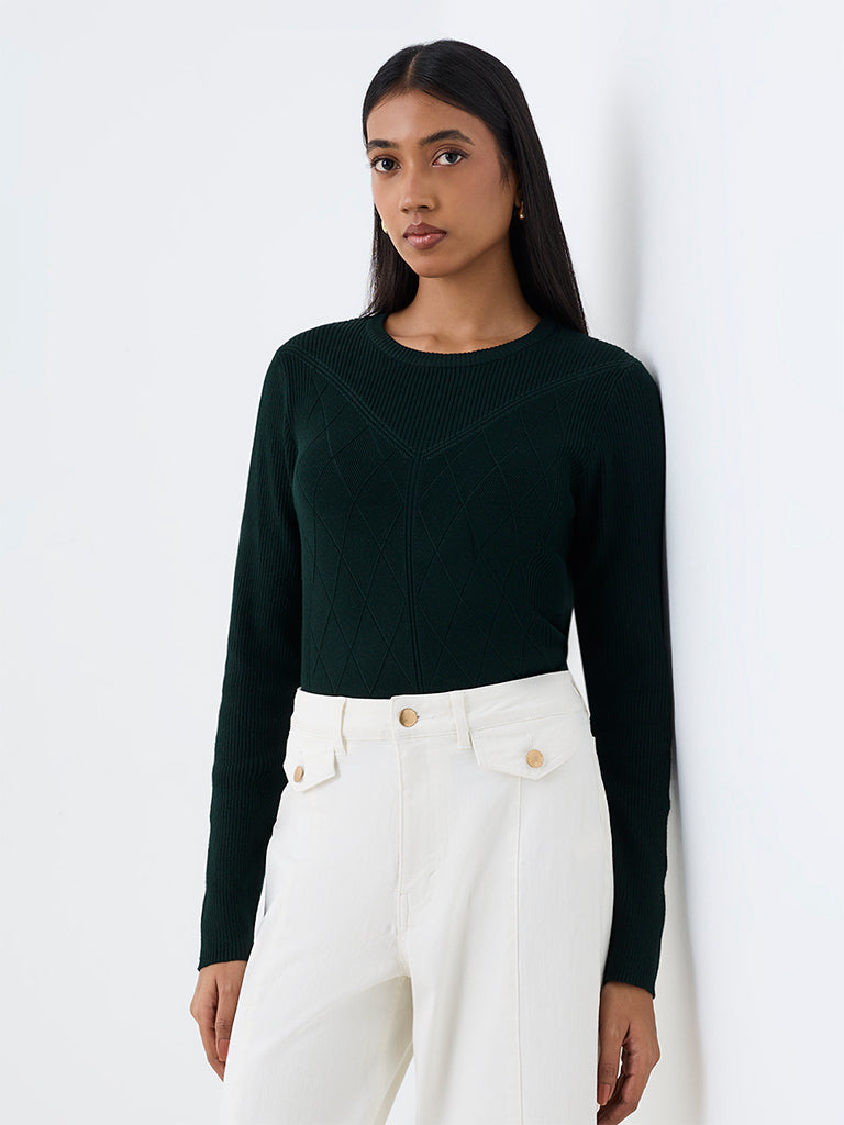 Wardrobe Dark Green Ribbed-Knit Sweater