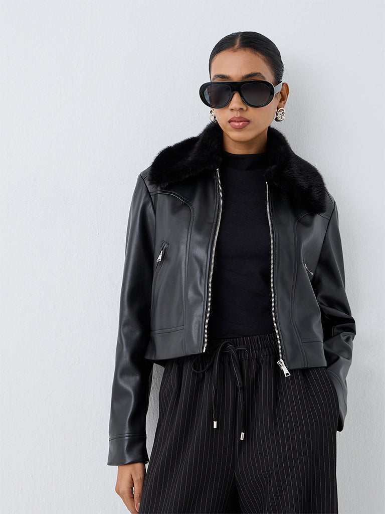 Wardrobe Black Fur-Collar Faux Leather Jacket