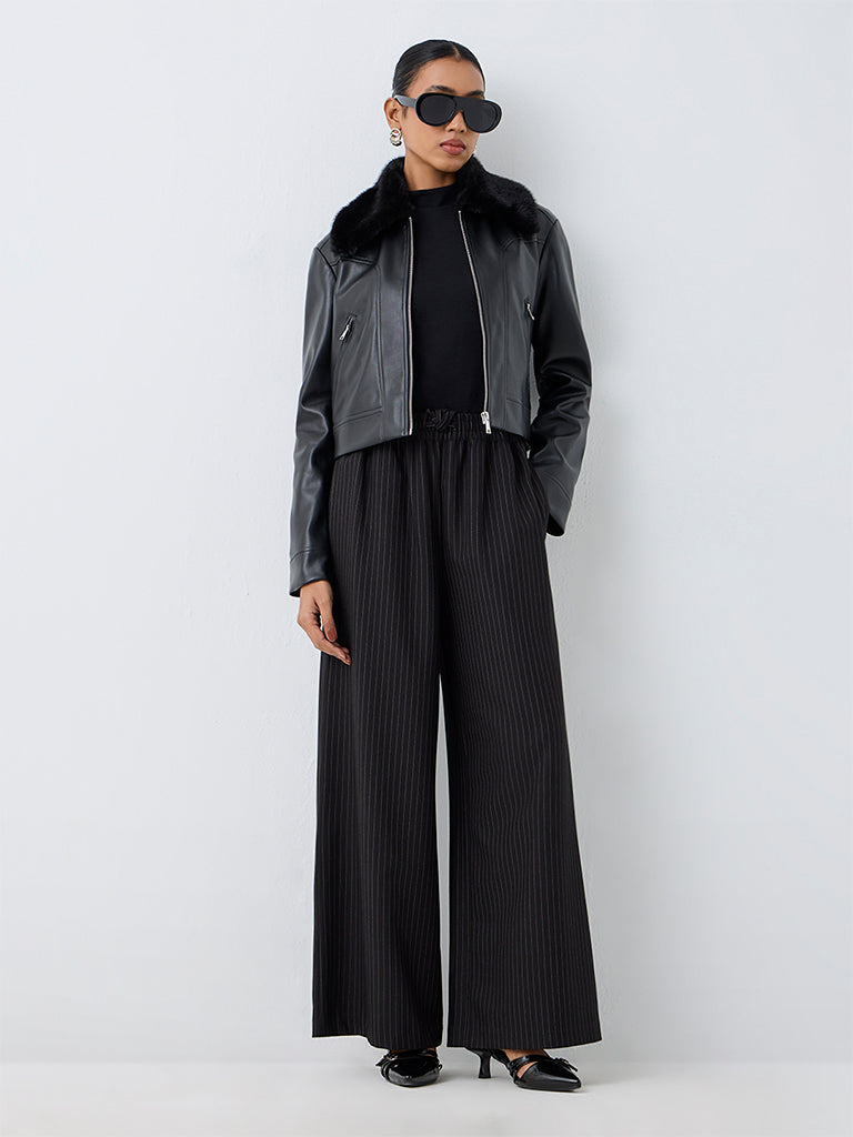 Wardrobe Black Fur-Collar Faux Leather Jacket