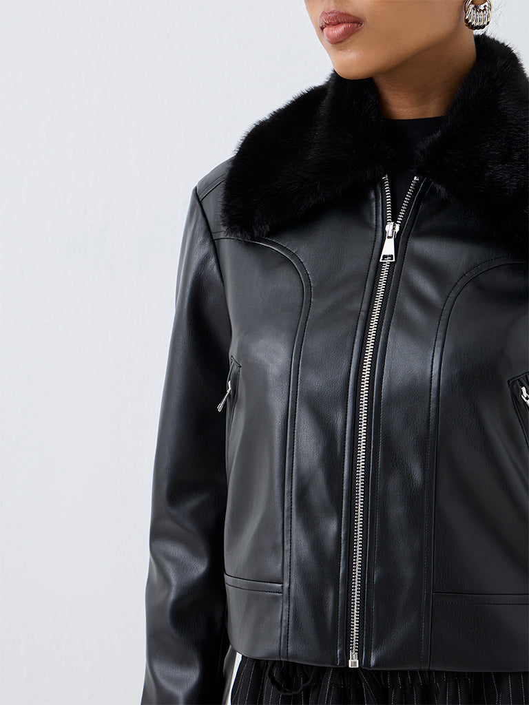 Wardrobe Black Fur-Collar Faux Leather Jacket