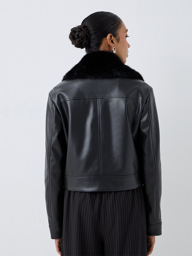 Wardrobe Black Fur-Collar Faux Leather Jacket