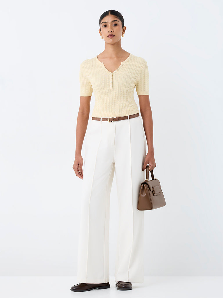Wardrobe Yellow Cable-Knit Henley Top
