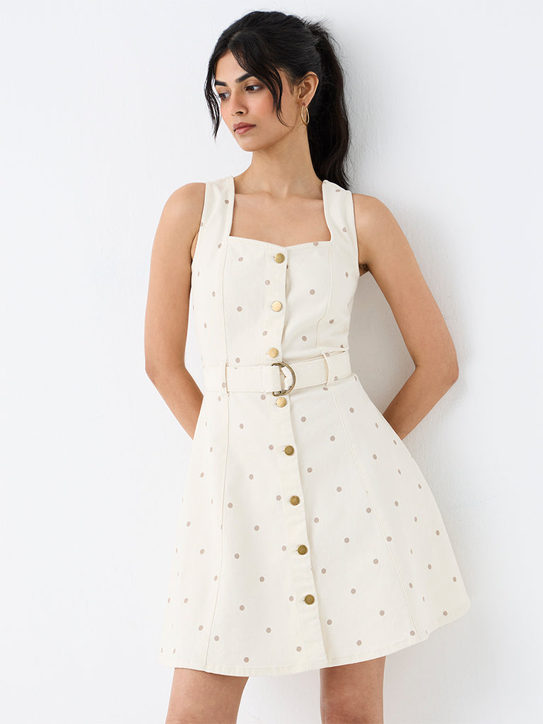 LOV Off-White Polka Dot A-Line Denim Dress with Belt