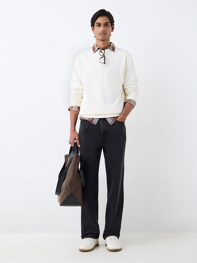 WES Casuals Off-White Solid Relaxed-Fit Cotton-Blend Sweatshirt