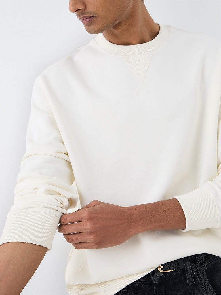 WES Casuals Off-White Solid Relaxed-Fit Cotton-Blend Sweatshirt