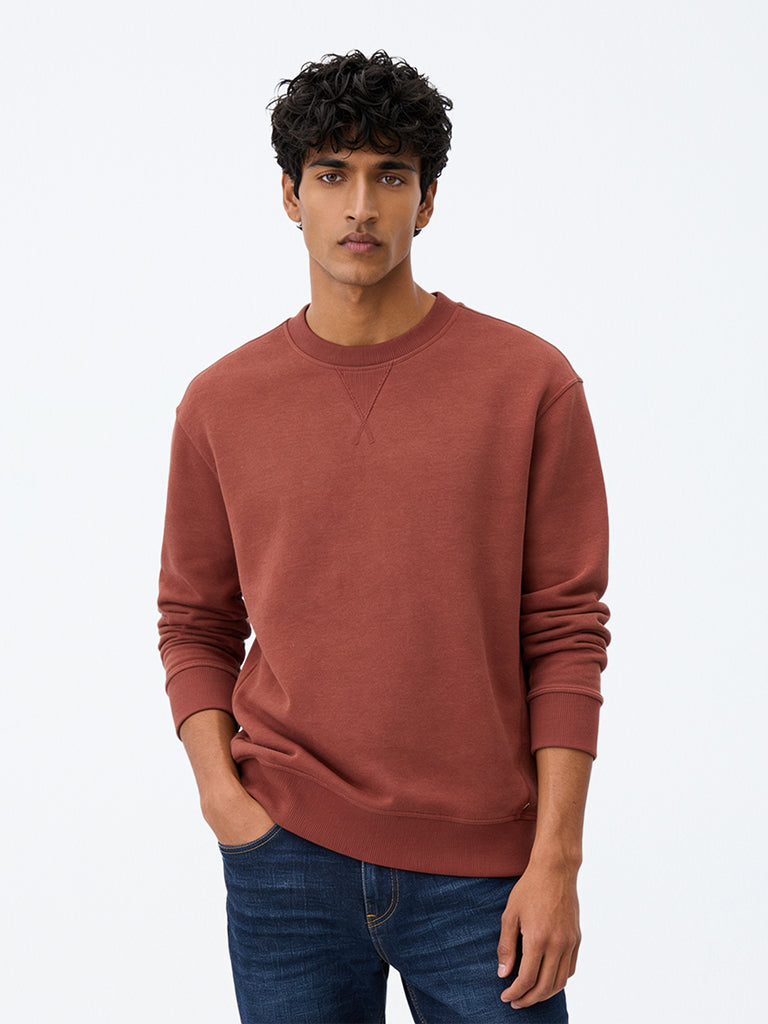 WES Casuals Rust Solid Relaxed-Fit Cotton-Blend Sweatshirt
