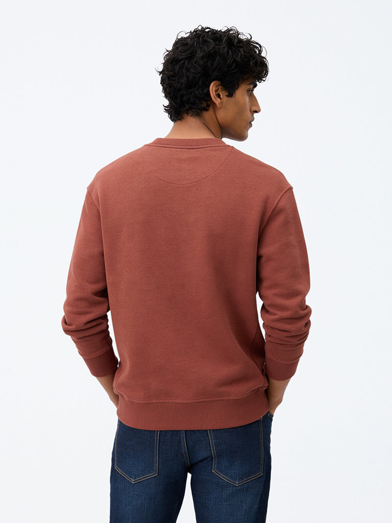 WES Casuals Rust Solid Relaxed-Fit Cotton-Blend Sweatshirt