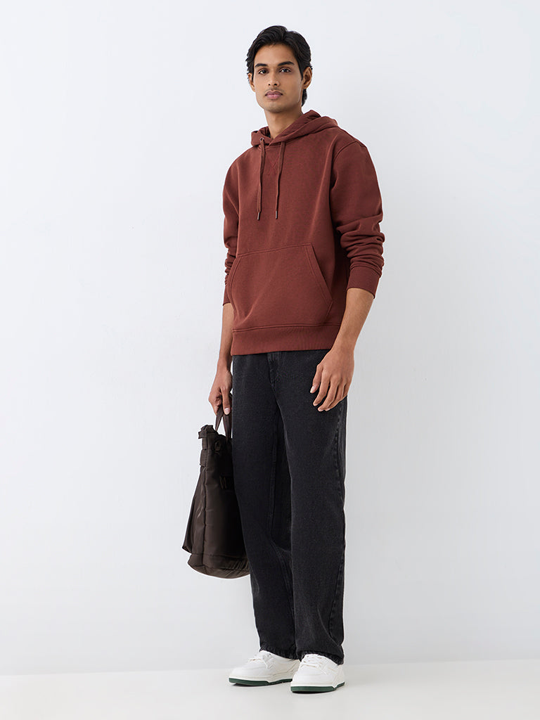 WES Casuals Dark Rust Solid Relaxed-Fit Cotton-Blend Hoodie
