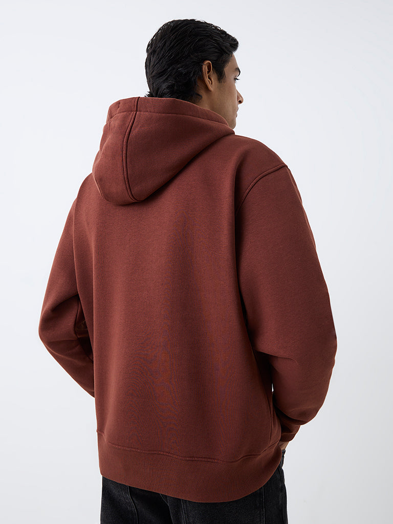 WES Casuals Dark Rust Solid Relaxed-Fit Cotton-Blend Hoodie