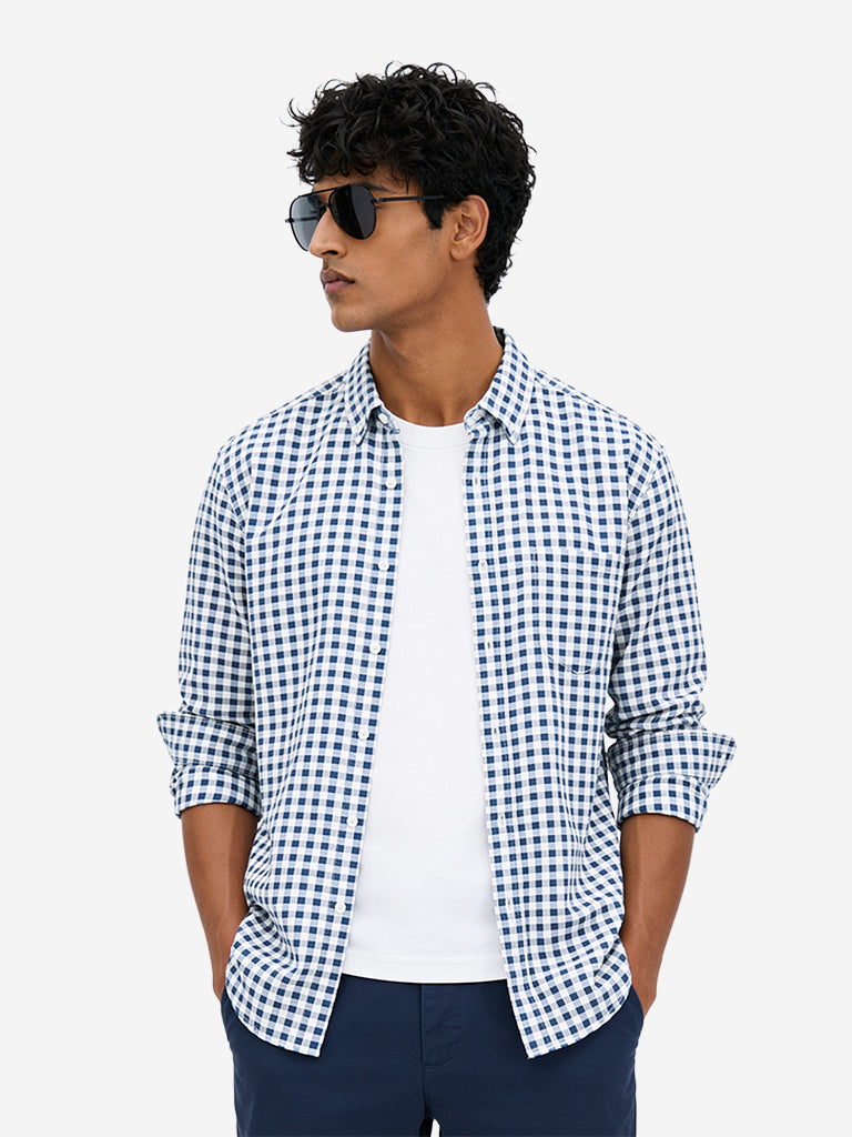 WES Casuals Navy Checkered Relaxed-Fit Cotton Shirt