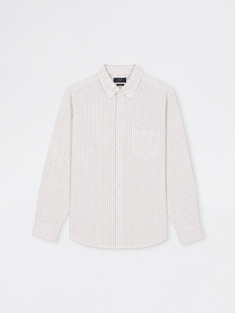WES Casuals Off-White Striped Relaxed-Fit Cotton-Blend Shirt